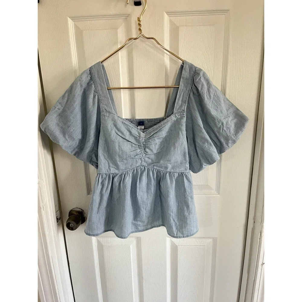 OLD NAVY Blue Peplum Top L Puff Sleeve Square Neck Cotton Casual Summer Chic